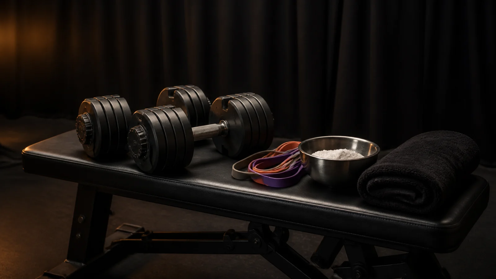 Illustrative generic backstage gym still life with unbranded dumbbells, resistance bands, chalk, and a folded towel.