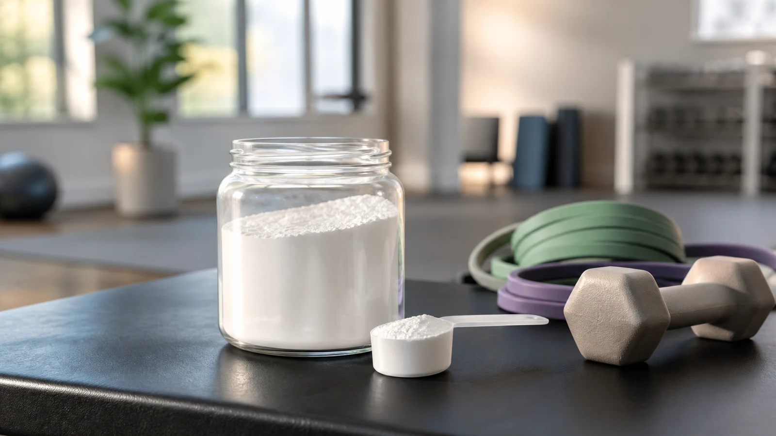 Unbranded creatine powder and scoop beside resistance-training equipment in a bright studio.