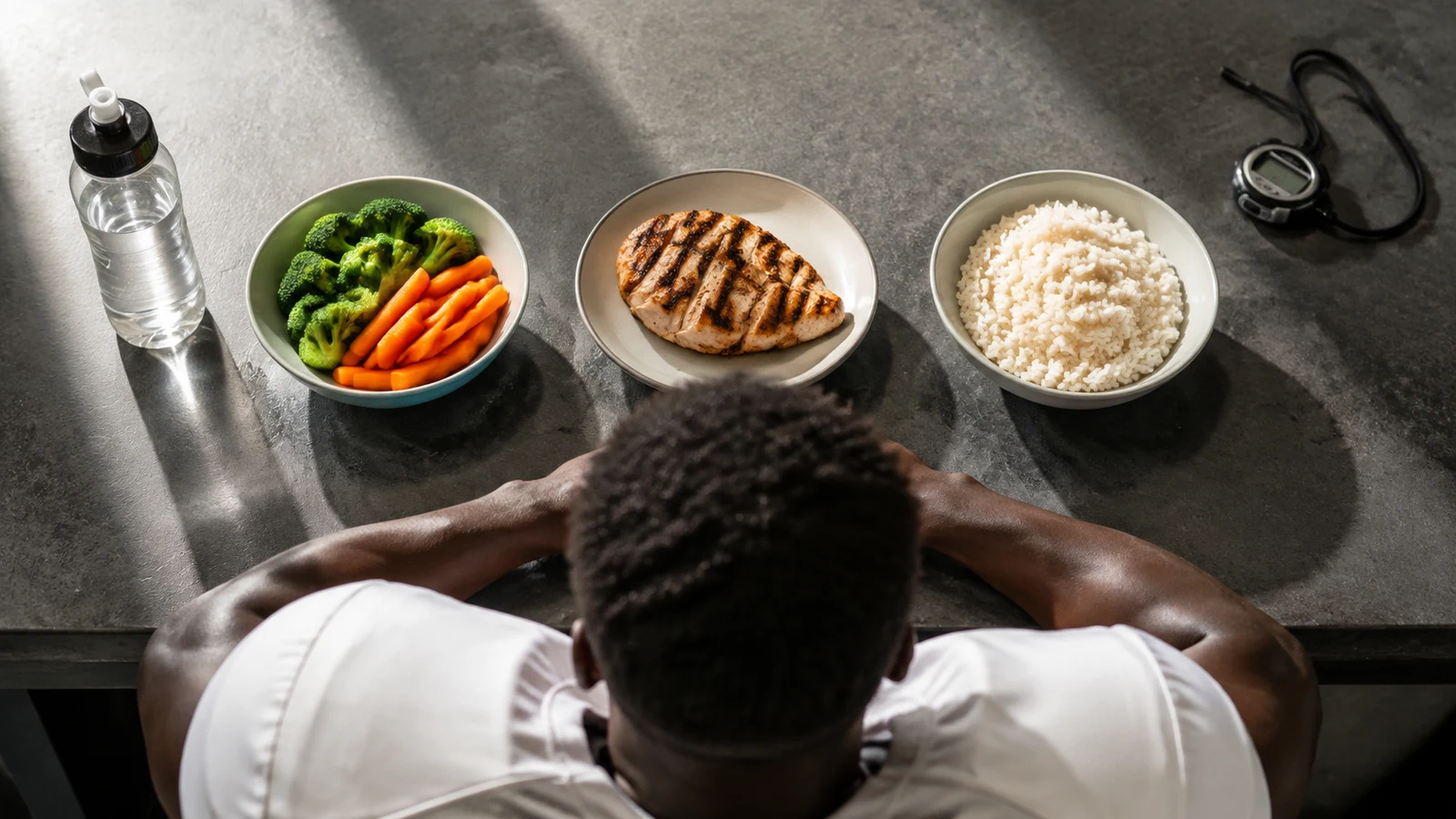 Overhead meal with vegetables, grilled protein, and rice arranged in sequence in front of an anonymous football athlete.
