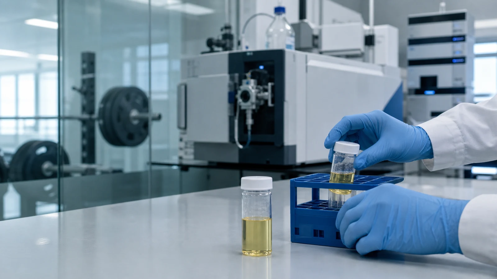 Generic anti-doping laboratory with sealed sample containers, analytical equipment, and an unbranded weight plate.